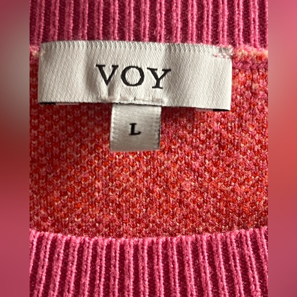 VOY Pink Red Abstract Pattern Knit Sweater Size L Puff Sleeve - Picture 2 of 4